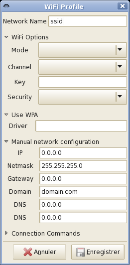 Επιλογές ασύρματου δικτύου (wifi): mode: Managed : με χρήση "hot spot". Ad Hoc : από υπολογιστή σε υπολογιστή.