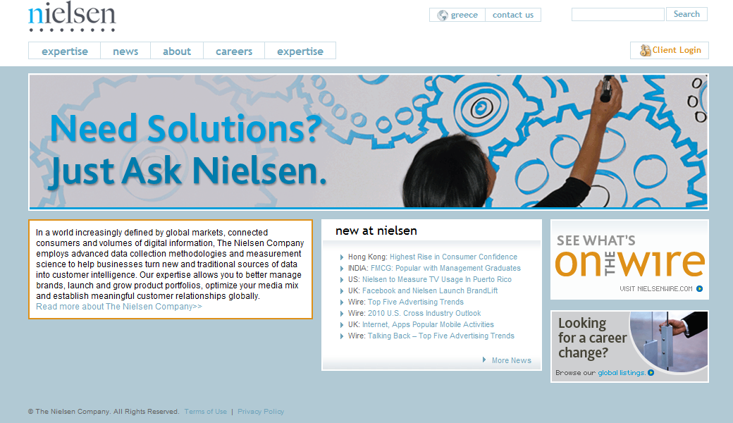 Εικ;oνα 13:.Δικτυακός τόπος Nielsen( http://en-gr.nielsen.com) Σήμερα η Nielsen με εμφανώς αναβαθμισμένη τεχνολογία εξάγει αυτού του είδους την πληροφορία με διαφορετικές μεθόδους.