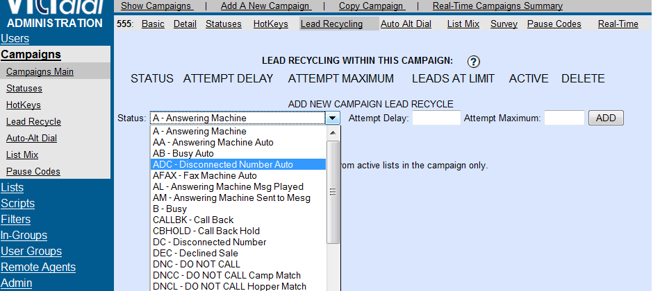 Για παράδειγμα θέλουμε στη campaign1 να κάνουμε recycle tα status SVYHU Aπο το αριστερό μενού επιλέγουμε Campaigns κι έπειτα Lead