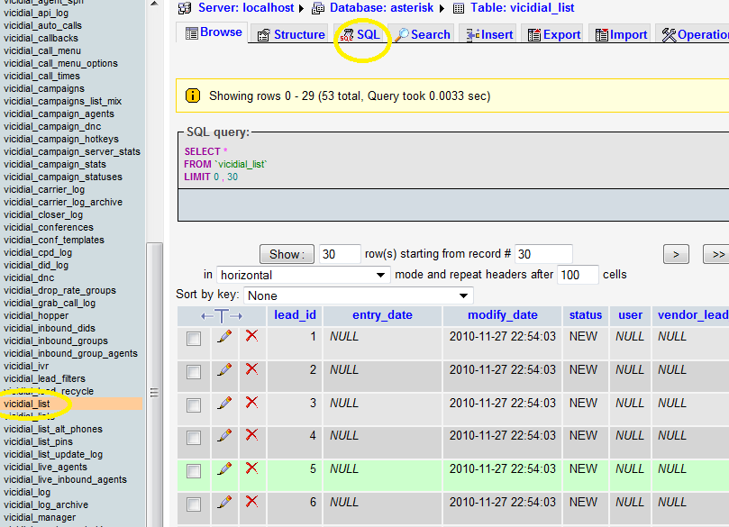 password SurveySystem επιλέγουμε από αριστερά τη βάση asterisk και έπειτα κάνουμε την επιλογή vicidial_list 61 Κάνουμε click στην επιλογή SQL και εκεί εμφανίζεται ένας editor για να