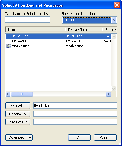 184 Microsoft Office Outlook 2003 Βήμα Βήμα 8 Στη λίστα Name, επιλέξτε την καταχώριση Kim Akers και πατήστε στο κουμπί Required.
