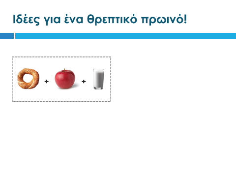 Αφού ακουστούν όλες οι απόψεις των μαθητών, τους παρουσιάζουμε τα άλλα τρία παραδείγματα της διαφάνειας (ένα κομμάτι σταφιδόψωμο με μια μπανάνα και ένα κεσεδάκι γιαούρτι ή λίγα κριτσίνια με ένα