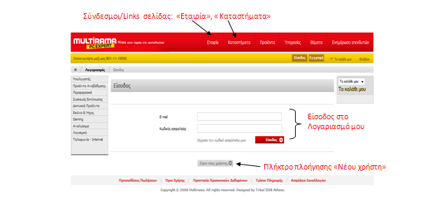 Εικόνα 20: Ηλεκτρονικό κατάστημα Multirama:[εγγραφή χρήστη, εικονίδιο απαραίτητων στοιχείων συμπλήρωσης, σύνδεσμοι (links) προστασίας προσωπικών δεδομένων/ τρόποι