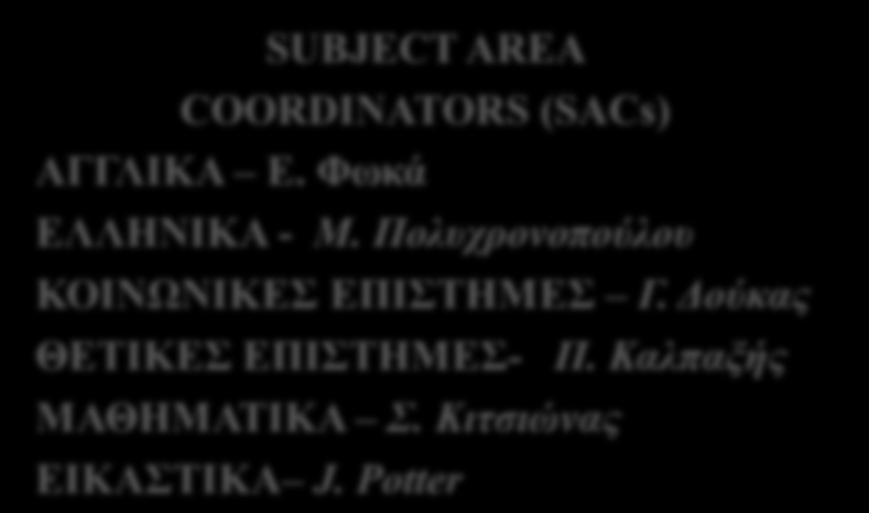 ΡΓΑΝΩΤΙΚΗ ΔΜΗ 2012-2013 IB DIPLOMA PROGRAM COORDINATOR (IBDPC). Αρδιτζόγλου HEAD of YEAR (HoY) Ε. ιπετζής FORM TUTORS (FTs) Ε. Αμπλιανίτη Ν. Μπούκουρη Β. Καρβούνη Κ. Χριστοδούλου Β. Κουσουλάκου Μ.