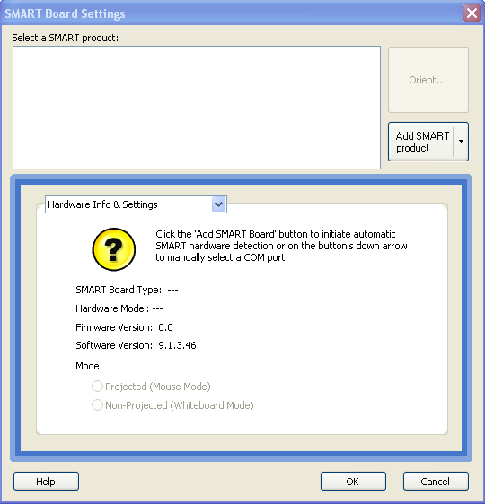 Εικόνα 4.2 SMART Board Settings Στο πάνω παράθυρο (Εικόνα 4.2) φαίνονται όλες οι διαδραστικές συσκευές που είναι συνδεδεµένες µε τον κεντρικό Η/Υ.