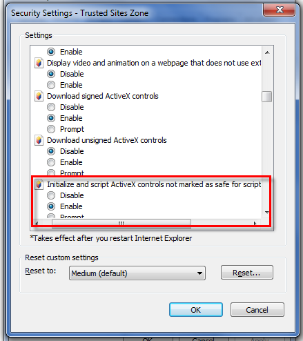 2) Προετοιμασία και εκτέλεση στοιχείων ελέγχου ActiveX που δεν χαρακτηρίζονται ως ασφαλή Ενεργοποίηση (Initialize and script ActiveX controls not marked as safe for scripting Enable), όπως