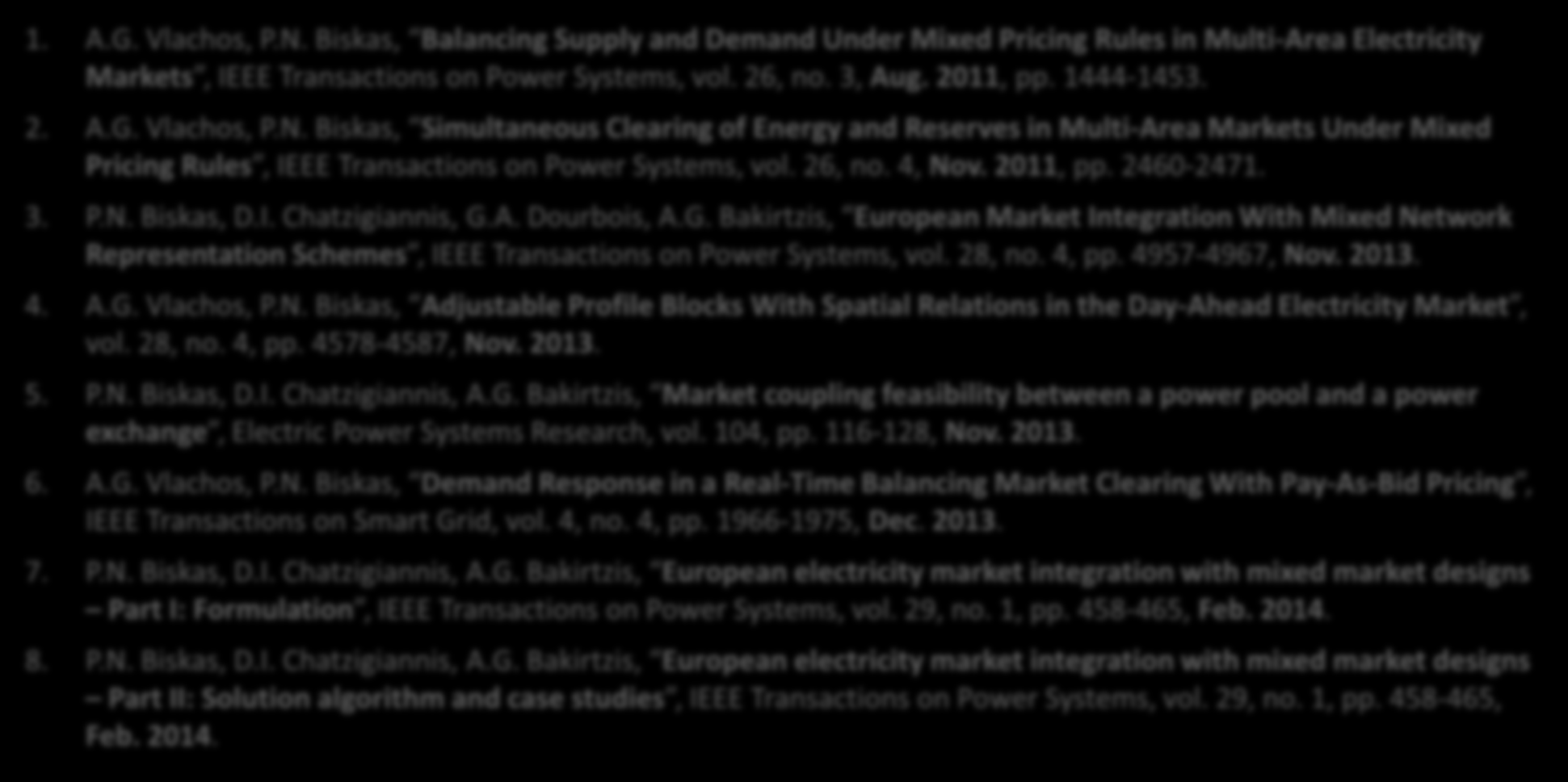 7/24 Έργο E-market 1. A.G. Vlachos, P.N. Biskas, Balancing Supply and Demand Under Mixed Pricing Rules in Multi-Area Electricity Markets, ΙΕΕE Transactions on Power Systems, vol. 26, no. 3, Aug.