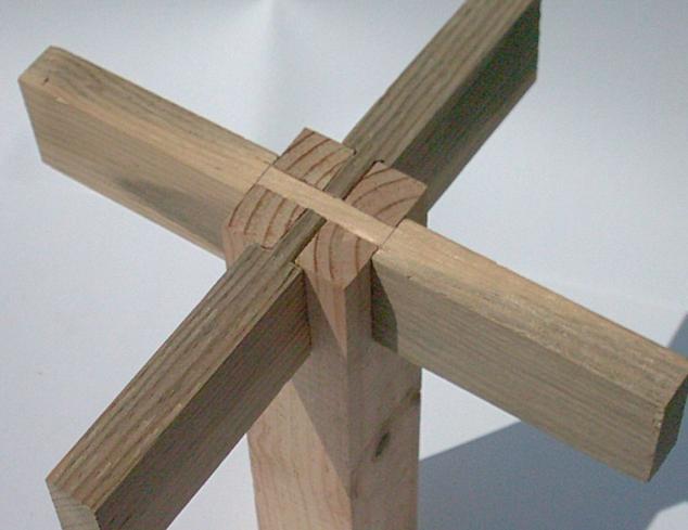 4.2.9.4. ύνδεσμος τριών διευθύνσεων σταυρωτός Κατεξοχήν σύνδεσμος της ξυλουργικής με εφαρμογές σε ξύλινα σπίτια, πέργκολες, υπόστεγα.