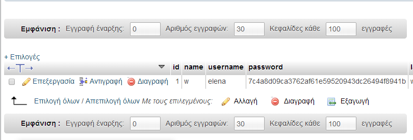 Σχήμα 8.1: Εμφάνιση των hash κωδικών στη βάση δεδομένων. 37 8.2 Ασφάλεια συνόδου Η σύνοδος στην php συμβολίζεται ως «$_SESSION».