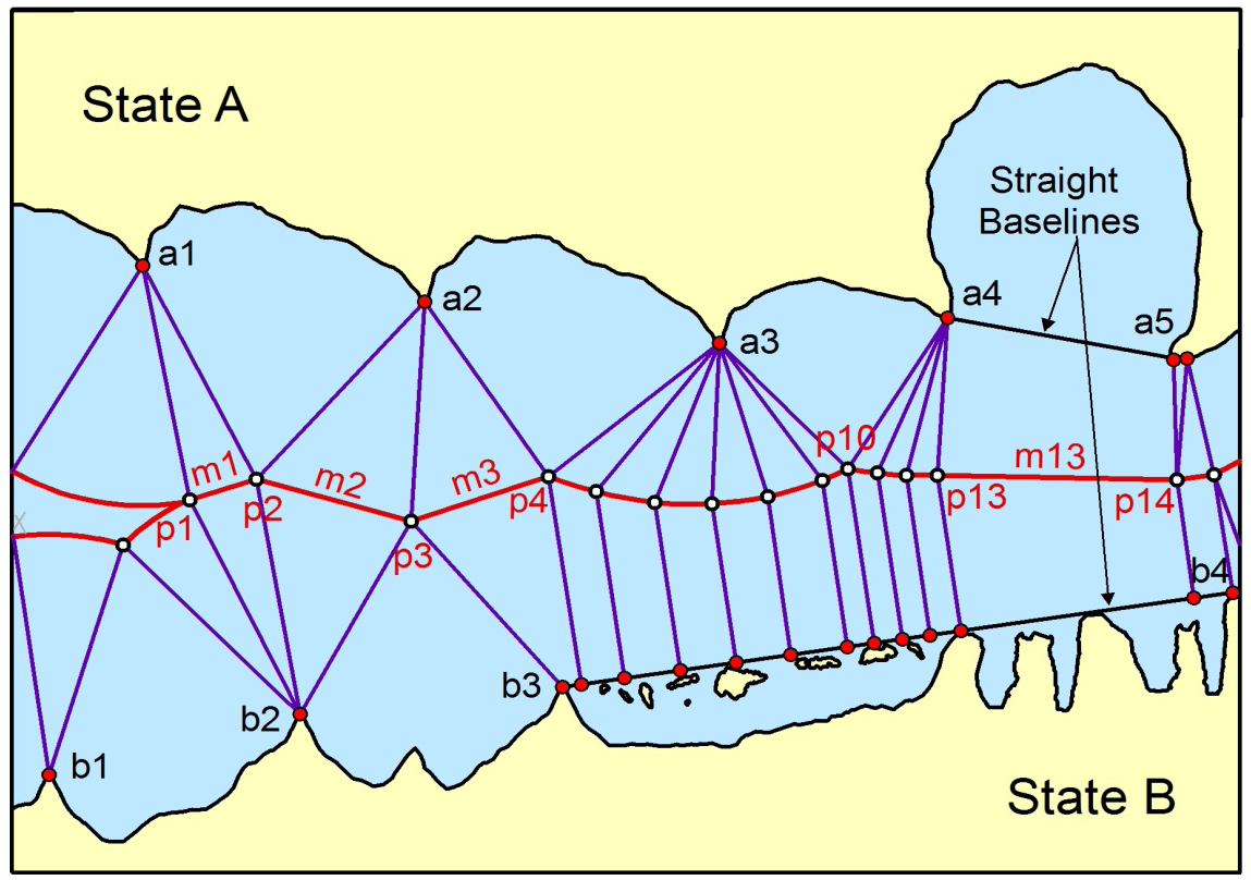 PART E: Marine Sciences and Naval Operations Figure 17): Locate a prominent headland on the baseline of State A (a1 in Figure 17) and next locate the potential nearest point on State B s baseline