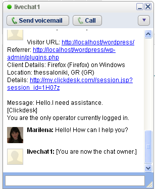 ClickDesk Live Support Το ClickDesk plugin επιτρέπει στον επισκέπτη να έχει live επικοινωνία με το διαχειριστή της ιστοσελίδας ή γενικότερα με κάποιον agent, ο οποίος θα είναι ένα πρόσωπο εγκεκριμένο