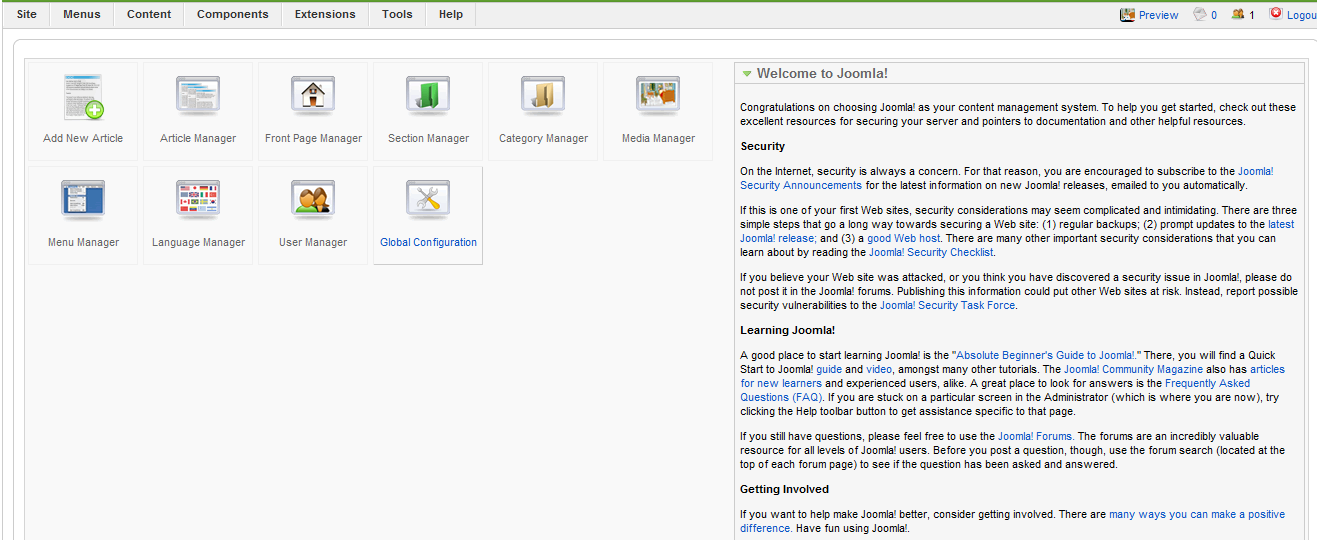 Εικόνα 4.3: Περιβάλλον Διαχείρισης Joomla. Στην Εικόνα 4.