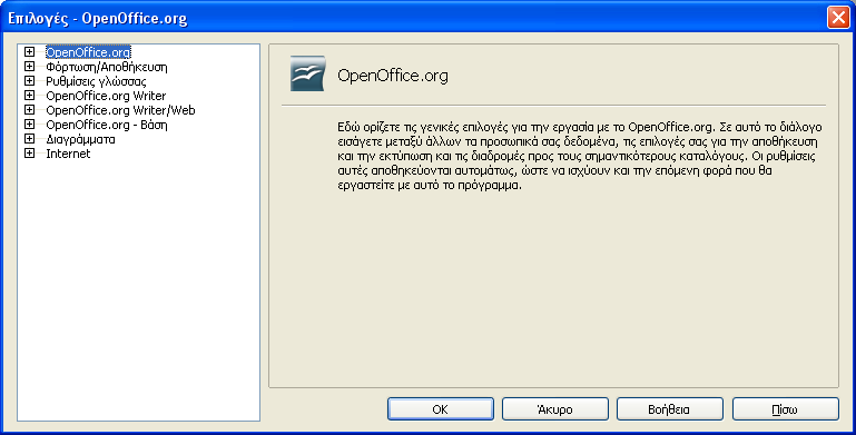 15 1.1 Κεντρική διαχείριση Στο OpenOffice οι περισσότερες βασικές επιλογές λειτουργίας εύκολα εντοπίζονται με την επιλογή Εργαλεία Επιλογές.