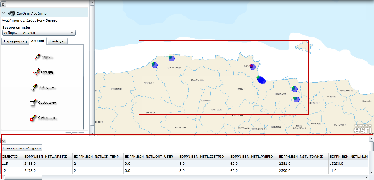Περιγραφική αναζήτηση Χωρική επιλογή o Τα αποτελέσματα της επιλογής επισημαίνονται στο χάρτη.