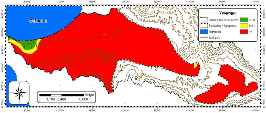 Υδροχημικοί Χάρτες (Na + /Cl - ) Κατανομή του λόγου Na + /Cl - στους πορώδεις υδροφορείς στη Λεκάνη του Ανθεμούντα [Καζάκης Ν. (2013).