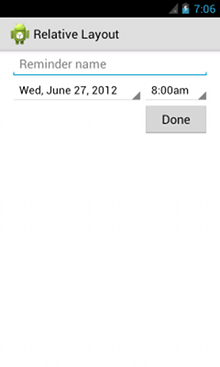 android:layout_width="fill_parent" android:layout_height="wrap_content" android:hint="@string/reminder" /> <Spinner android:id="@+id/dates" android:layout_width="0dp"