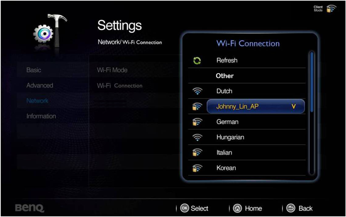 Σύνδεση σε δίκτυο με τη Λειτουργία προγράμματος-πελάτη 1. Πηγαίνετε στο μενού Ρυθμίσεις> Δίκτυο> Λειτουργία Wi-Fi, πιέστε OK και εμφανίζεται ένα αναδυόμενο μενού.