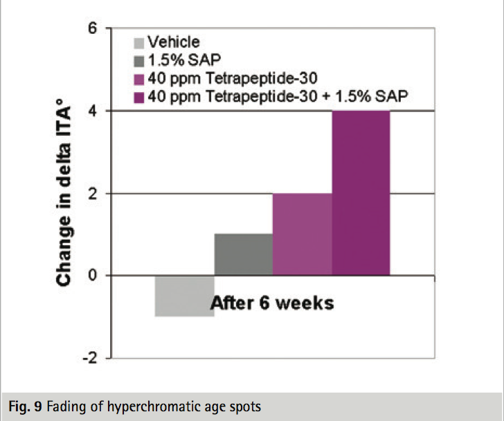 Εν ολίγοις, θα μπορούσε να αποδειχθεί σαφώς ότι ο συνδυασμός του 1,5% SAP συν 40 ppm Tetrapeptide-30 είναι αποτελεσματικός με εμφανή μείωση των υπερχρωματικών κηλίδων ηλικίας στα χέρια και στην