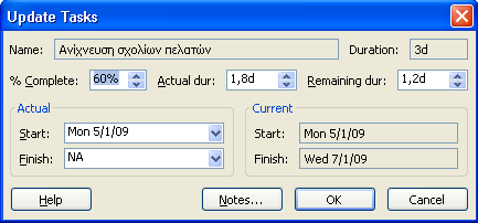 Γηνίθεζε έξγσλ κε ην Microsoft Office Project 2013 235 Γψζηε ηελ πξαγκαηηθή δηάξθεηα. Γψζηε ηελ ππνιεηπφκελε δηάξθεηα.