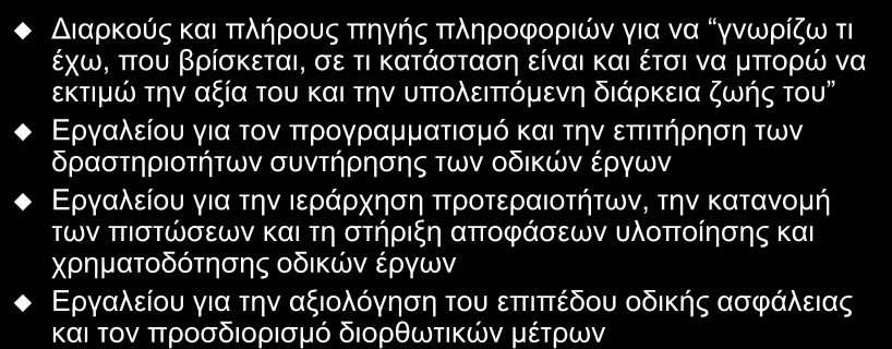 ΣΟΥΟ ΣΟΤ ΜΗΣΡΩΟΤ ΟΓΩN Η δπλαηόηεηα νινθιεξωκέλεο δηαρείξηζεο ηωλ πάγηωλ ζηνηρείωλ ηεο νδηθήο ππνδνκήο κε ηε δεκηνπξγία: Γηαξθνύο θαη πιήξνπο πεγήο πιεξνθνξηώλ γηα λα γλσξίδσ ηη έρσ, πνπ βξίζθεηαη, ζε