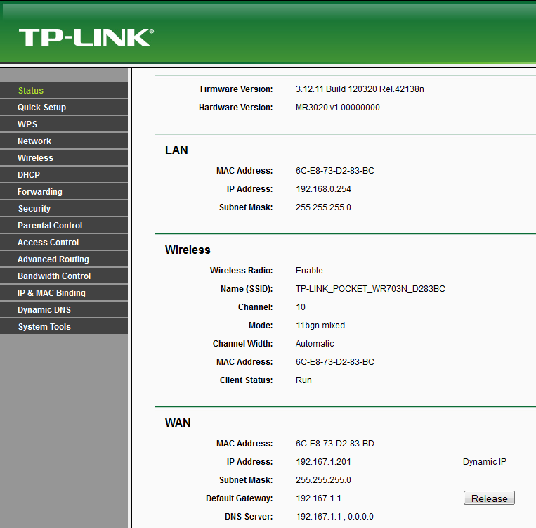 Εικόνα 46: Overview των Χαρακτηριστικών του TL-WR703N Έχοντας πλέον κάνει τις απαραίτητες ρυθμίσεις στο TL-WR703N, πηγαίνουμε στο μενού Status, ώστε να δούμε όλες τις πληροφορίες της συσκευής.