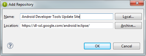 κάνουμε λήψη του λογισμικού. Δίνουμε την ονομασία Android Developer Tools Update Site και βάζουμε ως πηγή την https://dl-ssl.google.com/android/eclipse/ και μετά πατάμε OK.