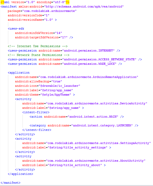 Καθορίζει το ελάχιστο Level του Android API που απαιτεί η εφαρμογή. Κάνει μια λίστα από τις βιβλιοθήκες που χρειάζεται η εφαρμογή για να τρέξει. Εικόνα 99: AndroidManifest.