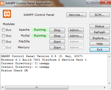14 Εικόνα 2.2: Πίνακας έλεγχου του XAMPP. Figure 2.2: XAMPP s control panel. Από εδώ, μπορούμε να ξεκινήσουμε ή να σταματήσουμε τον Apache και την MySQL (http://www.apachefriends.org/en/index.html 17.