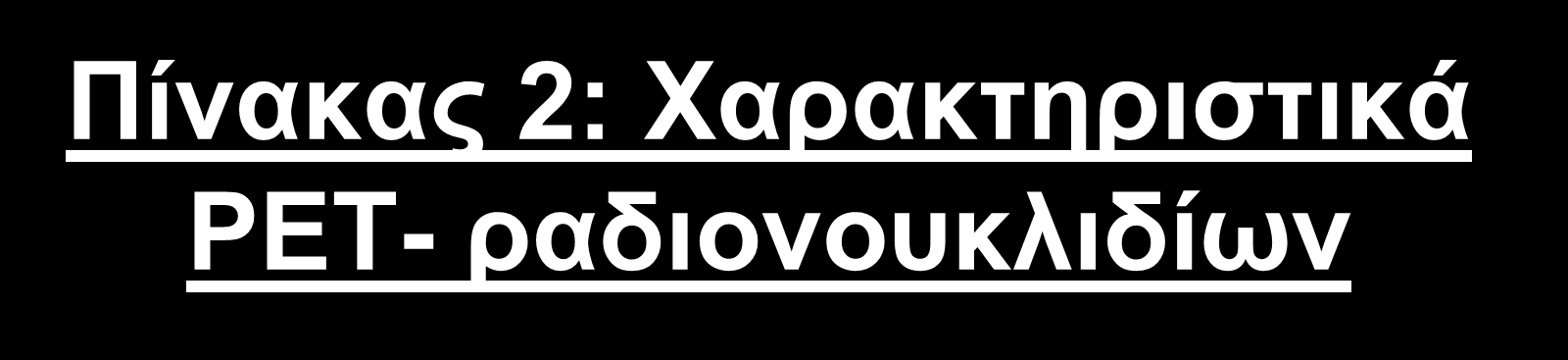 Πίνακας 2: Χαρακτηριστικά PET- ραδιονουκλιδίων Ραδιονουκλίδιο 11 C 13 N 15 O 18