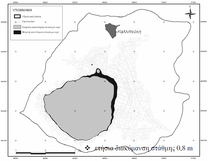 Χάρτης 3.6.: Έκταση ταμιευτήρα Υπολύση Β3 (Πηγή [2]) Επιλεχθείσα Λύση Η λύση που κρίθηκε ως προτιμητέα στη μελέτη Σκοπιμότητας είναι η Λύση Β.