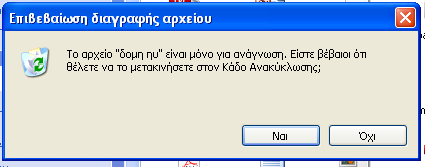 Αν θελήσουμε να διαγράψουμε τότε θα μας ζητηθεί επιβεβαίωση, όπως φαίνεται στην παρακάτω εικόνα.