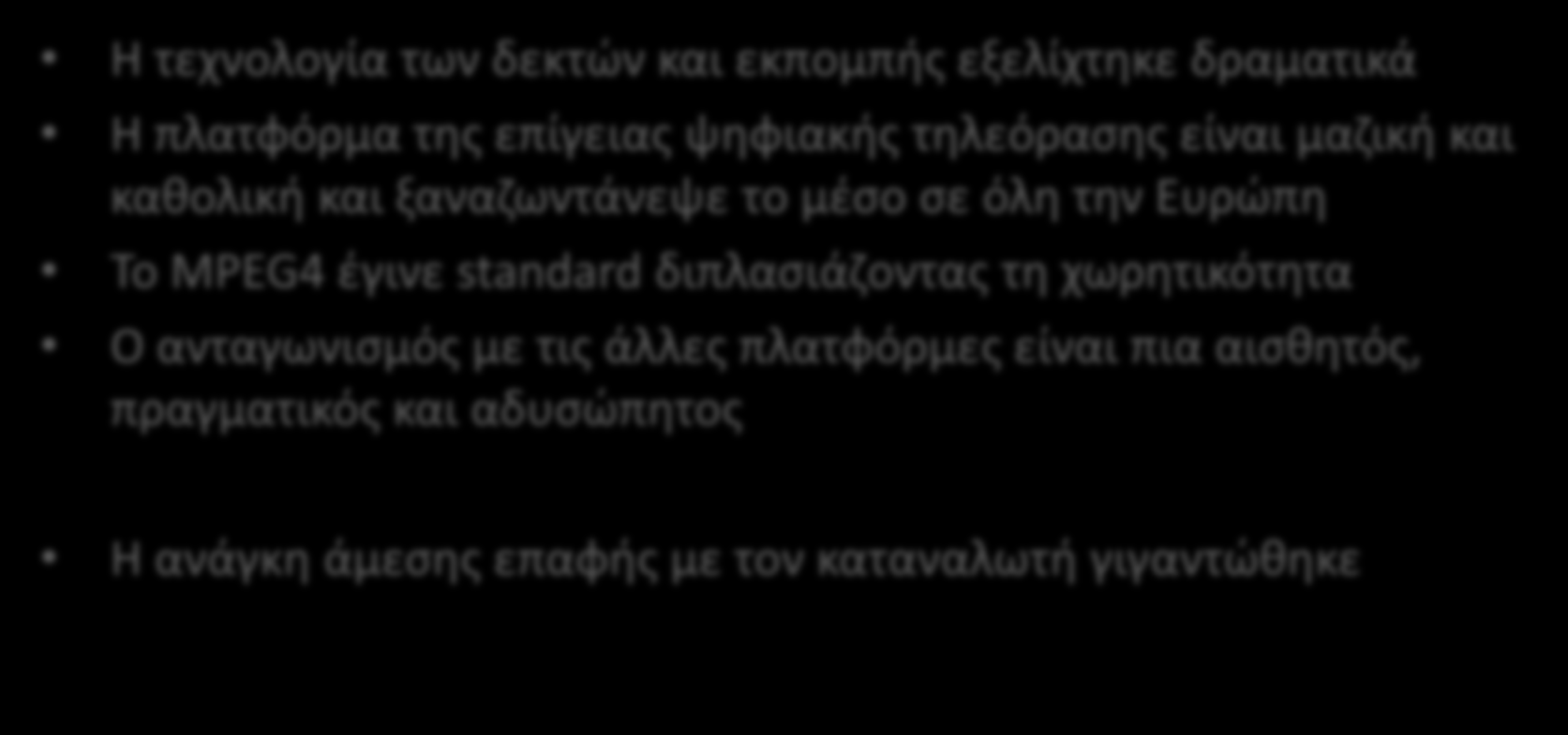 10 χρόνια μετά Η τεχνολογία των δεκτϊν και εκπομπισ εξελίχτθκε δραματικά Η πλατφόρμα τθσ επίγειασ ψθφιακισ τθλεόραςθσ είναι μαηικι και κακολικι και ξαναηωντάνεψε το μζςο ςε όλθ τθν Ευρϊπθ Το MPEG4