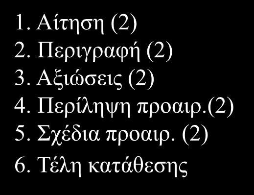 ΔΔΚ ΧΗΓΗΗ ΔΕ και ΠΥΧ Κ Υ 1. ίτηση (2) 2. Περιγραφή (2) 3. ξιώσεις (2) 4. Περίληψη προαιρ.(2) 5. χέδια προαιρ. (2) 6.