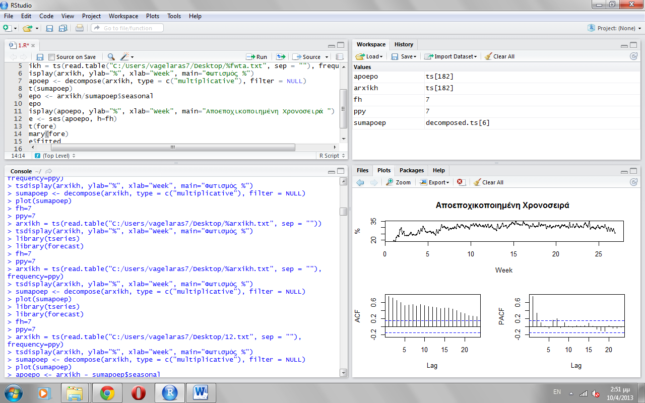 5.6 Το RStudio ως Εργαλείο Προβλέψεων 5.6.1 Δύο λόγια για το Rstudio Αν και η εφαρμογή τεχνικών προβλέψεων σε χρονοσειρές δεν περιλαμβάνει εν γένει και τόσο πολύπλοκες αριθμητικές πράξεις, εν τούτοις