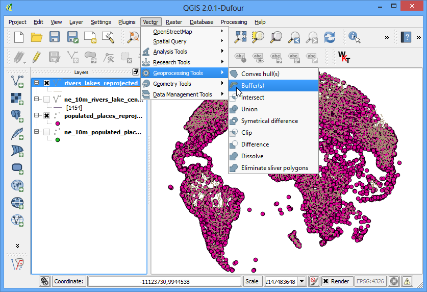 16. Στο εργαλείο : guilabel: Buffer, επιλέξτε το επίπεδο populated_places_reprojected ως είσοδο. Εισάγετε την απόσταση buffer ως 10000.