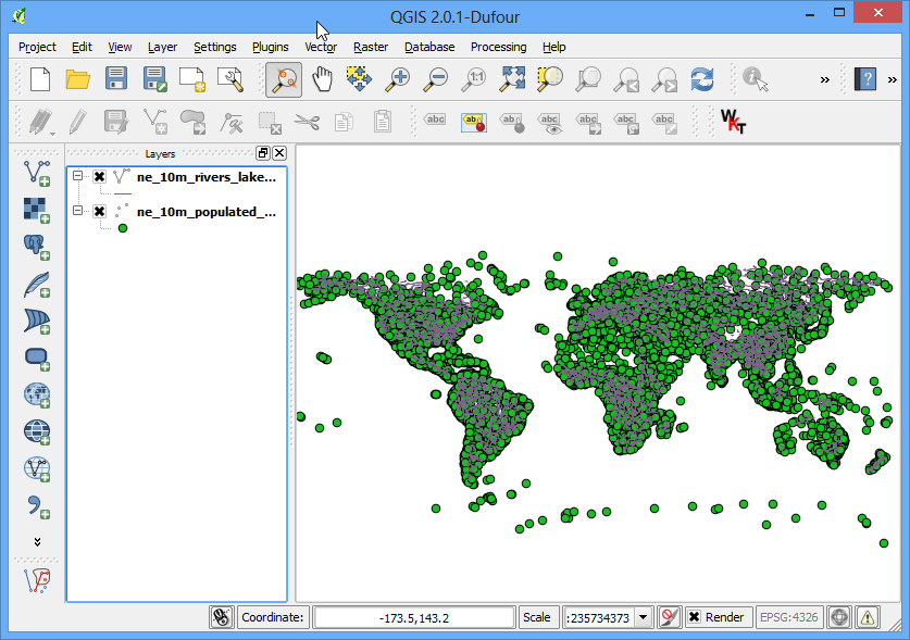 6. Θα δείτε και τα δυο shapefiles να έχουν φορτωθεί στο QGIS. 7. Θα δημιουργήσουμε buffers γύρω από τα σημειακά και γραμμικά επίπεδα.