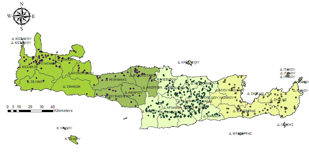 1044 περιοχές διάθεσης αποβλήτων ελαιοτριβείων μαζί με σχετική πληροφορία για την θέση τους (συντεταγμένες επίσης σε WGS84), τον δήμο και τον νομό στον οποίο ανήκουν, η ημερομηνία καταγραφής της