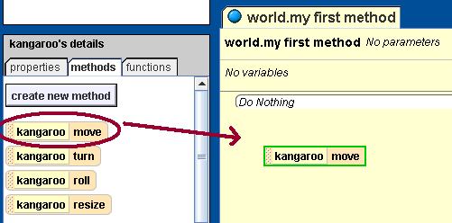 επιθυμείτε, π.χ. επιλέγετε το αντικείμενο Kangaroo από τη δενδροειδή διάταξη των αντικειμένων. Έτσι, θα δείτε μια λίστα με τις μεθόδους,, που γνωρίζει να κάνει το αντικείμενο Kangaroo.