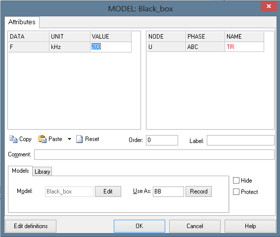 WHILE (ANGB>360) DO ENDWHILE ANGB:=ANGB-360 WHILE (ANGC>360) DO ENDWHILE ANGC:=ANGC-360 ENDEXEC ENDMODEL Το πλαίσιο διαλόγου του μοντέλου στο πρόγραμμα ATPDraw εμφανίζεται