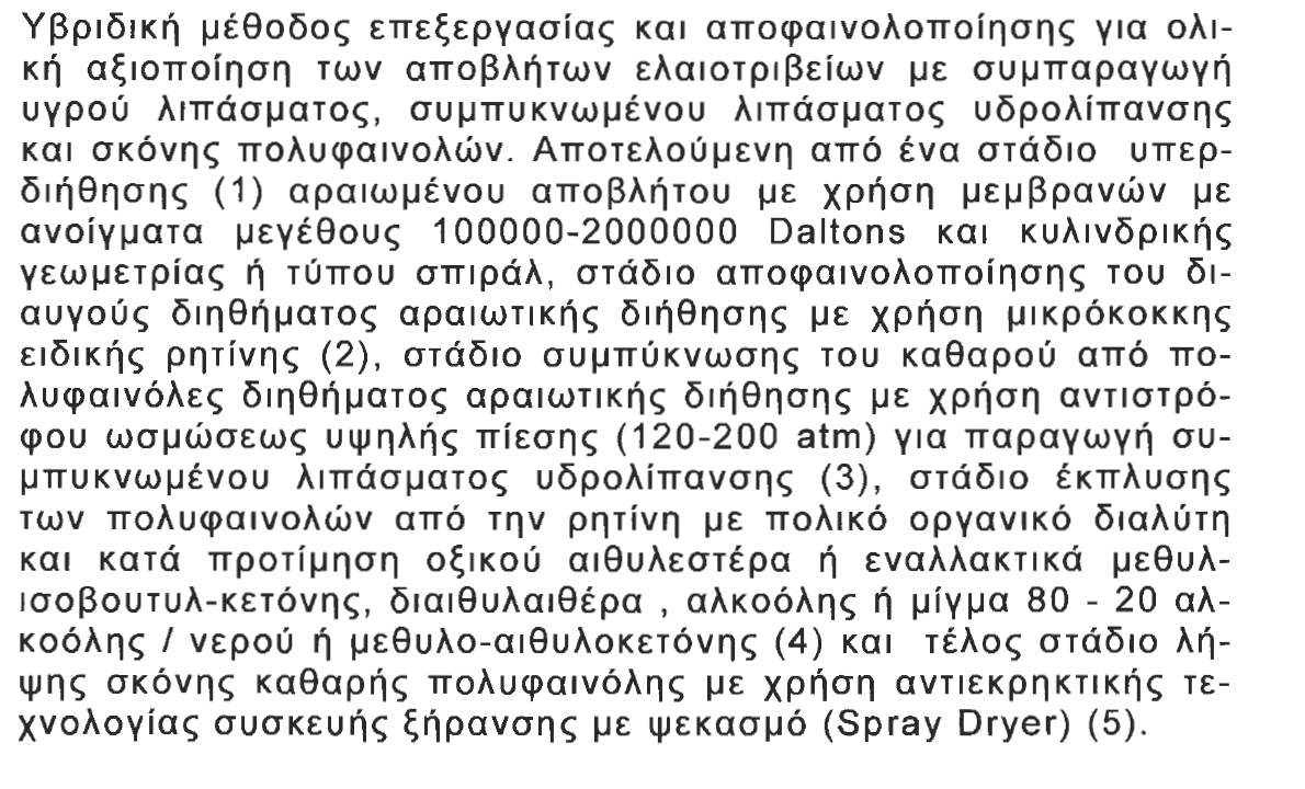 ΣΤ1.«ΜΕΘΟΔΟΣ ΟΛΙΚΗΣ ΑΞΙΟΠΟΙΗΣΗΣ ΑΠΟΒΛΗΤΩΝ ΕΛΑΙΟΤΡΙΒΕΙΩΝ ΜΕ ΣΥΜΠΑΡΑΓΩΓΗ ΣΚΟΝΗΣ ΠΟΛΥΦΑΙΝΟΛΗΣ ΚΑΙ ΛΙΠΑΣΜΑΤΟΣ» Αριθμός Διπλώματος Ευρεσιτεχνίας 1006660, ΟΒΙ- ΔΙΕΘΝΗΣ ΤΑΞΙΝΟΜΗΣΗ : C02F 1/44.