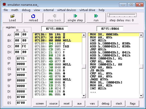 Εικόνα 6: Το παράθυρο του emulator με "φωτισμένα" τα αντίστοιχα bytes Σε αυτό το παράδειγμα, βλέπουμε ότι η γραμμή LEA DX,dekaexadiko σχετίζεται με τα 3 Byte: BA (βρίσκεται στη διεύθυνση μνήμης