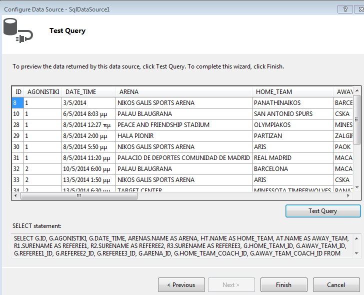 Εικόνα 4-10. Test Query Ολοκληρώνοντας τη δημιουργία του Sql data source βλέπουμε τον αντίστοιχο κώδικα για όλες τις καταστάσεις (Delete, edit, Insert, Select).