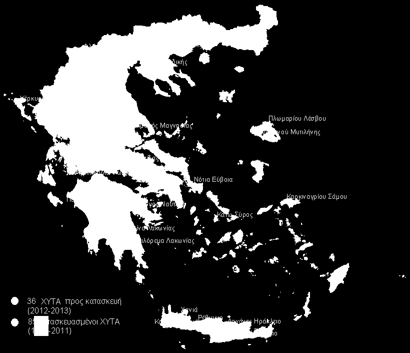 ρήκα 3.3.: Βάζε δεδνκέλσλ ζε ΓΠ εγθαηαζηάζεσλ ΥΤΣΑ αξρέο ηνπ 2012, καδί κε ηνπο ήδε 4 ΥΤΣΑ ζε ιεηηνπξγία αξρέο 2012 θαη ηνπο 36 πξνβιεπόκελνπο.