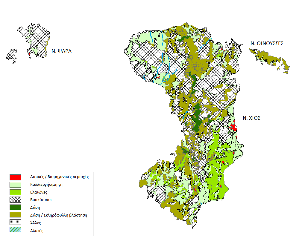 Χάρτης 15: Χρήσεις γης των Δήμων Αγίου Ευστρατίου, Λήμνου και Λέσβου (CLC,