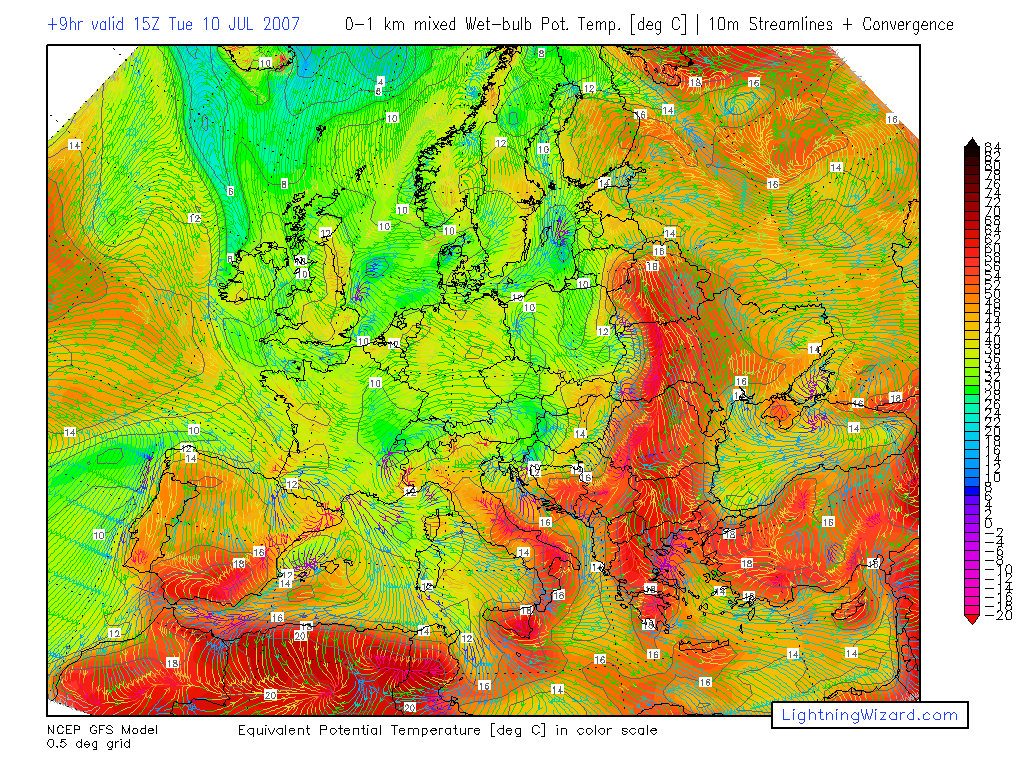 0-1 km Theta-e, 10 m Streamlines (convergence and divergence) Theta-e είναι η ισοδύναμη εν δυνάμει θερμοκρασία.