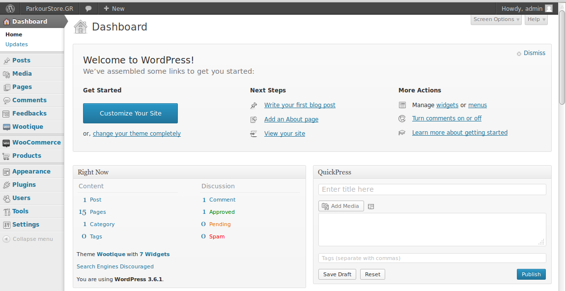 5.3 Διαχείριση του Site Το Dashboard, ο πίνακας ελέγχου του WordPress.