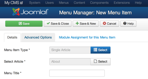 ΚΕΥΑΛΑΙΟ 6: ΣΟ JOOMLA Ε ΒΑΘΟ κέζσ ηεο δηαδνξνκήο Menus, Main Menu θαη Add New Menu Item. Παξαθάησ ζηελ εηθφλα παξνπζηάδεηαη θαη ε ελ ιφγσ δηαδξνκή. Δηθόλα 36: Γεκηνπξγία λένπ θνπκπηνύ κελνύ.