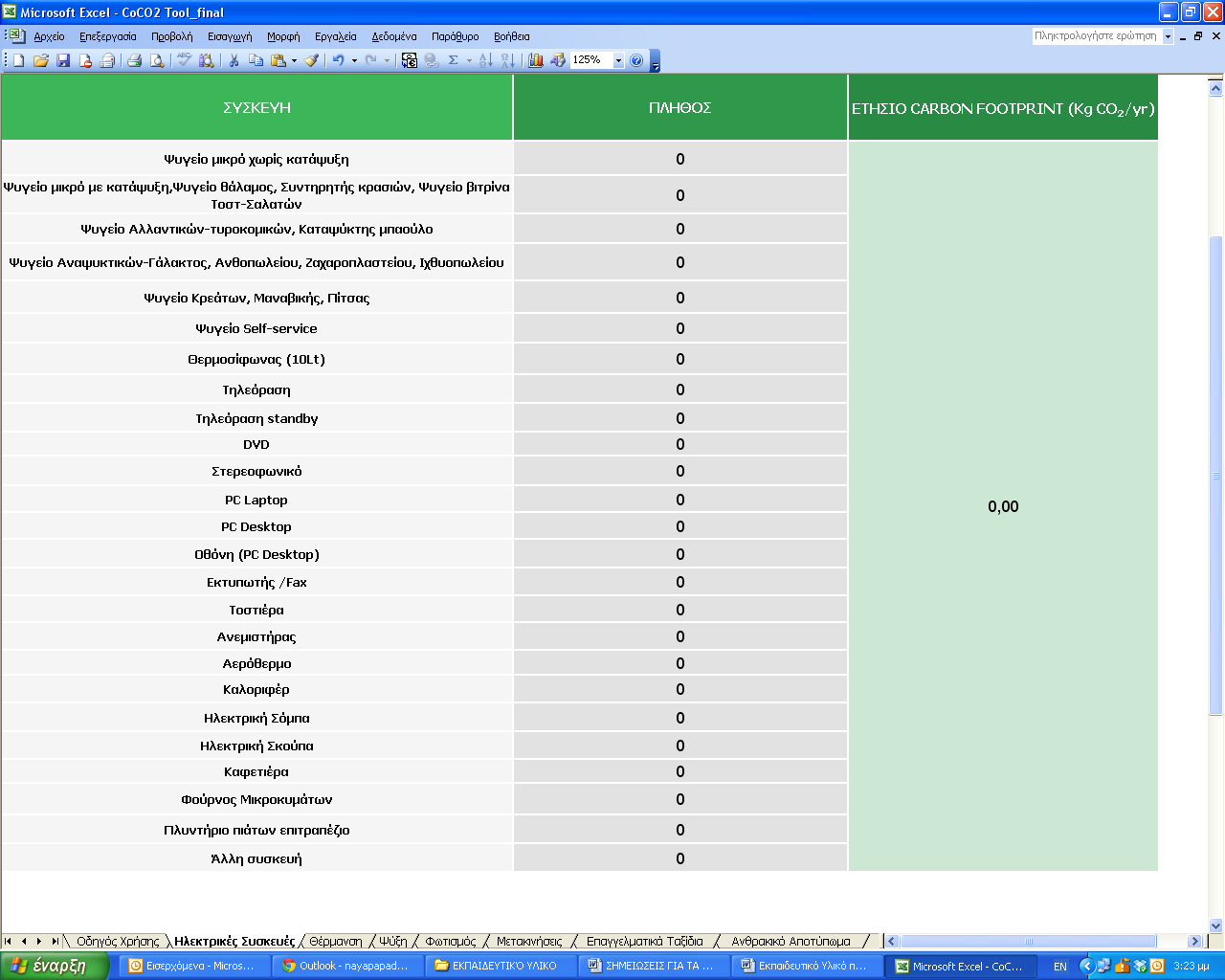 Οδηγίες προς τους Χρήστες Στον Πίνακα Α. 'Ηλεκτρικές Συσκευές', εισάγοντας τον αριθμό των ηλεκτρικών συσκευών που λειτουργούν εντός της επιχείρησης, εξάγεται το συνολικό αποτύπωμα από την χρήση τους.