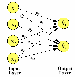 Σχήμα 2.3.4: Απλό feedforward νευρωνικό δίκτυο με δύο εξόδους Στο σχήμα 2.3.4 τα aij εκφράζουν τα βάρη που συνδέουν την είσοδο i με την έξοδο j.