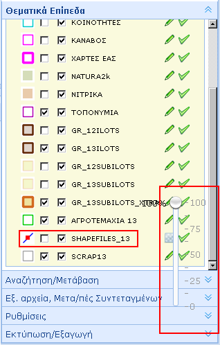 Το θεματικό επίπεδο SHAPEFILES_ 13 επιδέχεται μεταβολή διαφάνειας δηλαδή το πόσο διαφανές ή όχι θα απεικονίζεται στο χάρτη το χρώμα του.